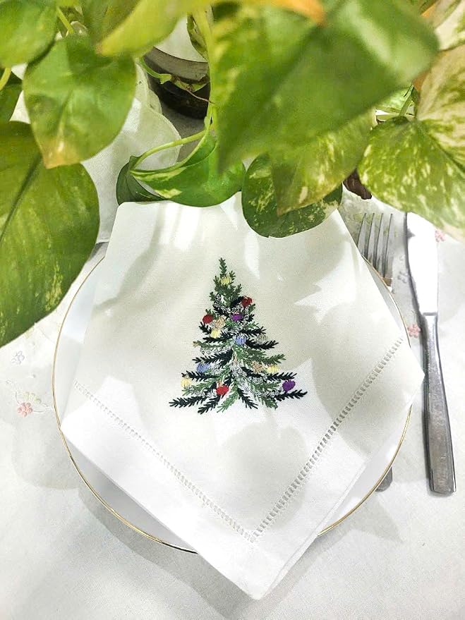 Embroidered Cloth Napkin Christmas Tree & Ornaments Cotton Napkins Set of 6, 20x20 Hemstitch Table Napkins Machine Washable, Daily & Christmas, Great Present Ideas - Image 3
