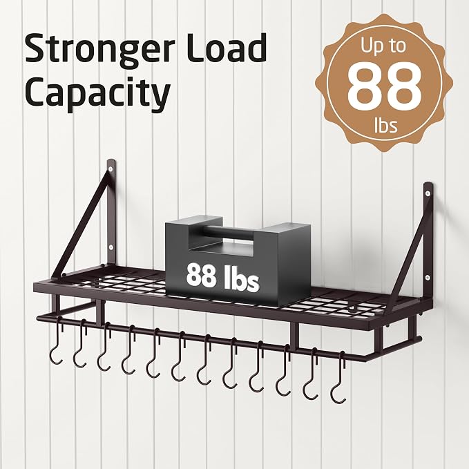 KES 30-Inch Wall Pot Rack, Oil Bronze, 88lb Capacity, 12 Hooks, Farmhouse | Carbon Steel Construction, Reinforced Grid Shelf, Stud Mounting, 12 S-Hooks, Rust-Resistant, Indoor Kitchen Organizer - Image 4