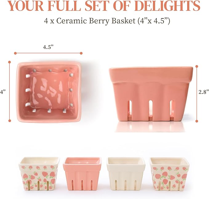 Ceramic Berry Basket, Farmhouse Colander, Strawberry Decor, Fruit Bowls, Fruit Baskets, Kawaii Strawberry Kitchen bowl, Pink White and Cute Strawberry pattern Stoneware Harvest Square Bowls Set of 4 | These cute Kawaii strawberry pattern stoneware bowl... - Image 8