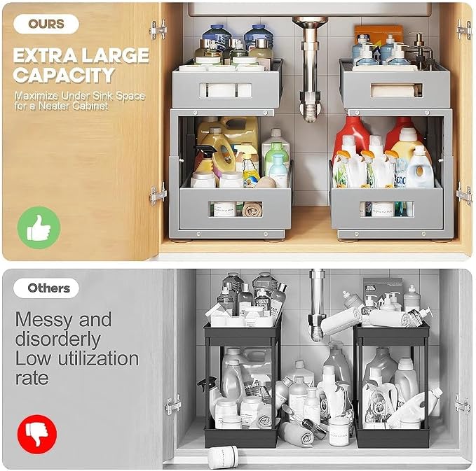 Under Sink Organizer,2-Tier Dual Pull Out Cabinet Organizer Drawers With Smooth Circular Rail,Large Capacity Metal Mesh Sliding Shelves For Bathroom& Kitchen Storage,Height Adjustable–Gun Gray,2 Packs - Image 8
