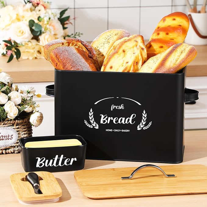 Qinyoung 2 Pcs Large Bread Box Set for Kitchen Countertop with Ceramic Butter Dish Holder Bamboo Lid Knife Metal Bread Holder Farmhouse Kitchen Storage Container for Home Housewarming Gift(Black) - Image 4