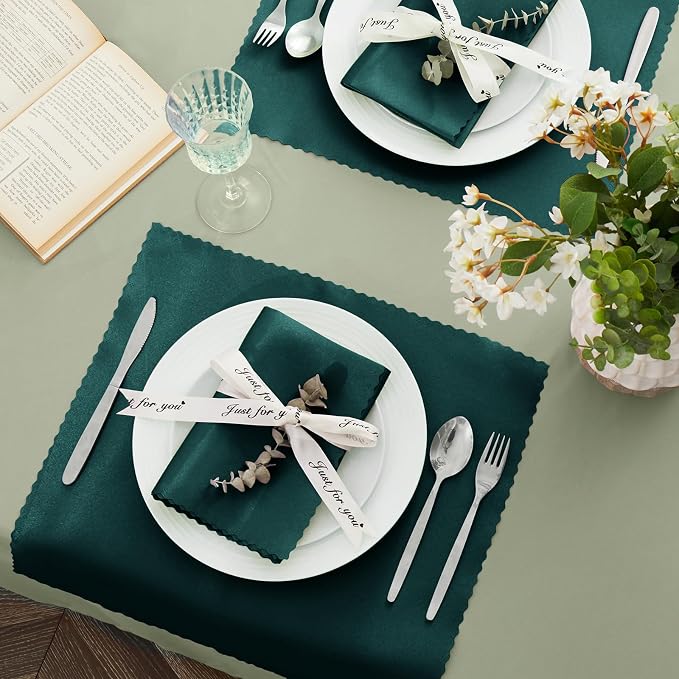 VACVELT 100 Pack Hunter Green Scalloped Satin Napkins 17x17 Inch Wedding | Scalloped Floral Edges With Silky Smooth Finish, Seamless Design, Machine Washable Wrinkle And Fade Resistant - Image 3