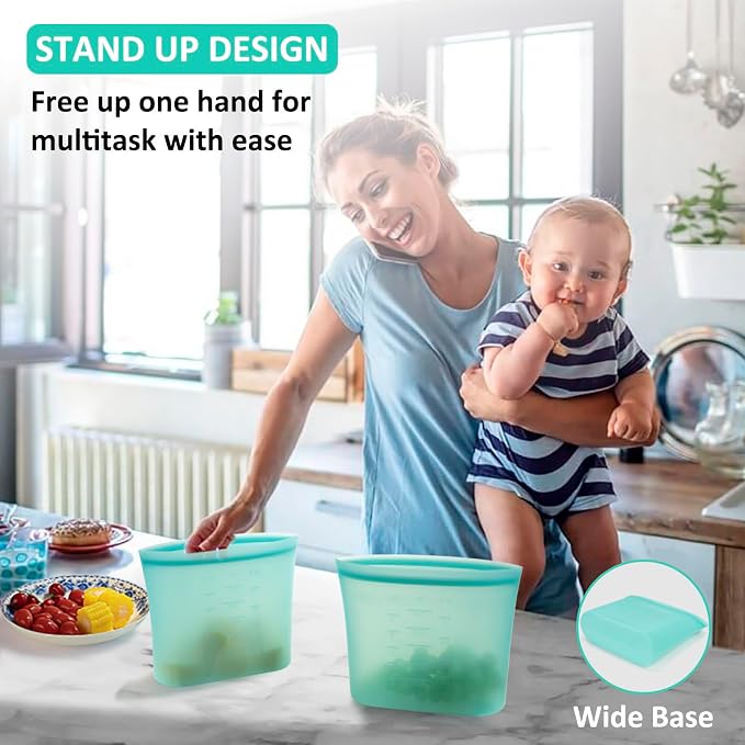 Large Reusable Storage Bag, 4 Pack 100% Silicone Food Storage Bags Stand Up Silicone Zip Lock Bags for Food Container, Freezer Microwave Oven Dishwasher Safe, Aqua, 50.7oz/ 1500ml - Image 4