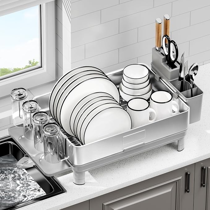 Dish Drying Rack, 304 Stainless Steel Dish Racks for Kitchen Counter | Dish Drainers with Automatic Drainage, Utensil Holder & Cups Holder, Space Saving Kitchen Organizer, Gray - Image 8
