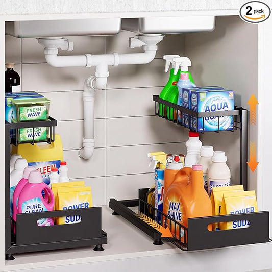 2-Pack L-Shaped Under Sink Organizer, 2-Tier Pull-out Cabinet Rack | Black Height-Adjustable Steel Rack, Sliding Grid Drawers with PP Liners, Holds 100 Lbs, Suction Base, Ideal Kitchen Storage by Saydear