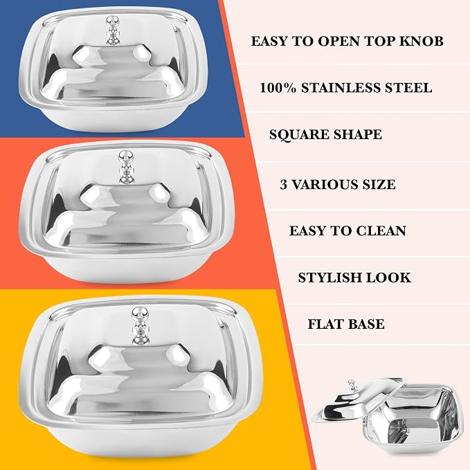 CRAFTONE Stainless Steel Square Mixing Bowls Set of 3 with Lid, Ideal for Baking & Serving Salad, Rice, Desert, Food Storage Bowl Set (20 Oz, 30 Oz and 35 Oz) - Image 4