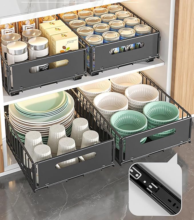 YunNasi Pull Out Cabinet Organizer, Black, 4Piece 9.8" W X15 D X7.5 H | Slide Out Drawer Storage Shelves, Cupboard Organiser, Sliding Cabinet Basket for Kitchen, No Drilling and Nailing - Image 5