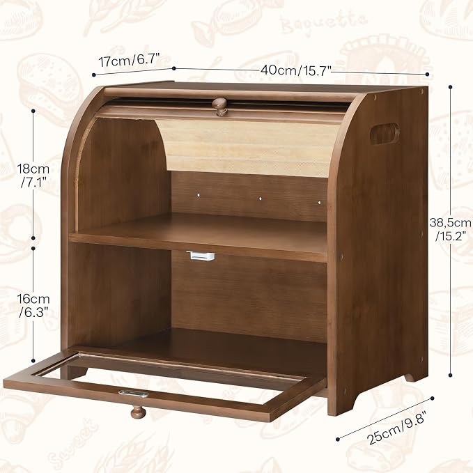 HOOBRO Bread Box, Bamboo Bread Box for Kitchen Countertop, 2 Tier Roll-Top Bread Bin, Food Storage Box, Large Capacity Keeper, Wooden Storage Cabinet, for Kitchen, Dining Room, Brown BR13MB01 - Image 2