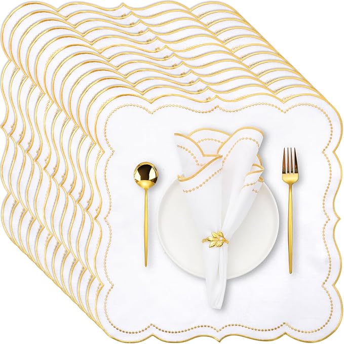 Hahafelt Cloth Napkins 18x18inches Scalloped Embroidery Cloth Napkins Washable Polyester Table Dinner for Hotel Restaurant Weddings Events Parties (Gold,12 Set) by Hahafelt