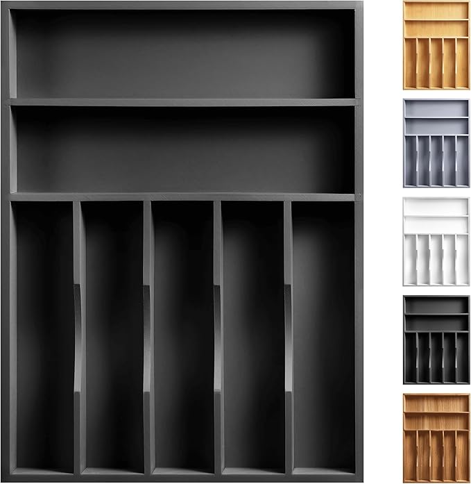 Kitchen Bamboo Silverware Organizer, Kitchen Drawer Organizer - Utensil Holder and Cutlery Tray with Grooved Drawer Dividers for Flatware 7 Slot, Black by oridom