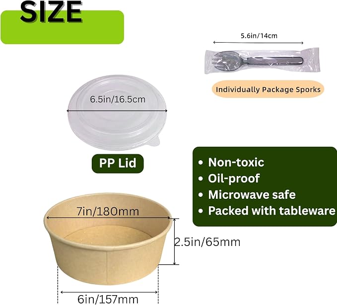 47 OZ Disposable Paper Bowls w/Lids Extra Large 50 Sets, Meal Prep Food Container Box w Lids Sporks, Spill-Proof Salad Bowls To Go Microwave, Perfect for Large Size Food without Bending - Image 2
