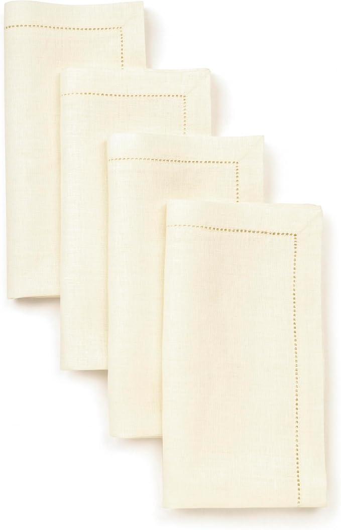 Signature Linen™ by D'Moksha Ivory Dinner Napkins Set of 4, 20 x 20 Inch Cloth Napkins, 100% Pure Linen, Hemstitch, Machine Washable Table Napkins- Summer, Weddings, Outdoor hostings by DMokshaHomes