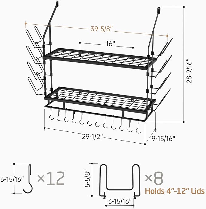 KES 30-Inch Pot Rack Wall Mounted, 8 Secure Lid Holders & 12 Sturdy Hooks | 2-Tier Kitchen Hanging Pot and Pan Organizer, Ample Storage for Tall Cookware, KUR215S75C-BK - Image 6