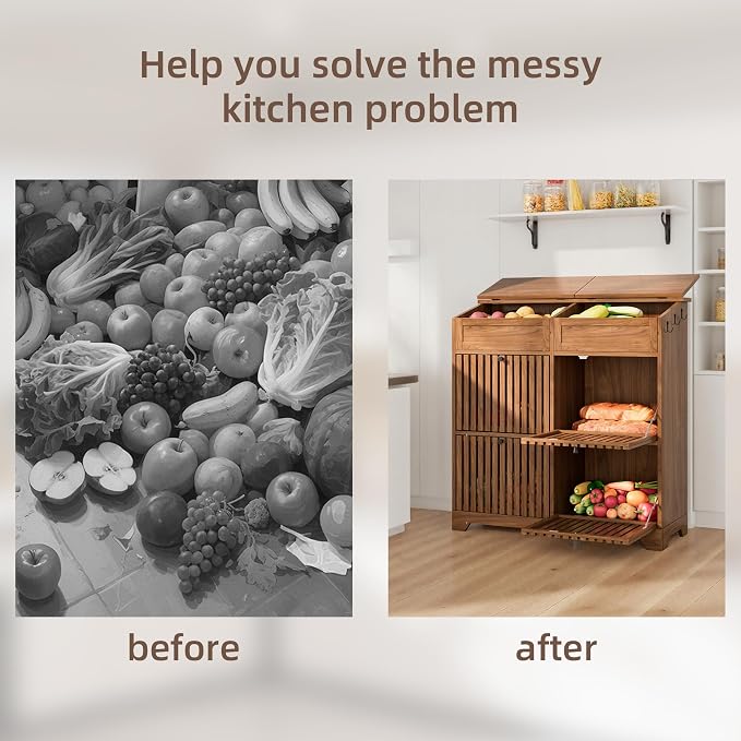 Potato Storage Bins, Fruit and Vegetable Storage, Kitchen Pantry Cabinet | Tall Large Potato and Onion Storage Bin, with 4 Doors, 3 Tier, Mid Century Modern, Wooden, Magnetic Flip top, Walnut - Image 5