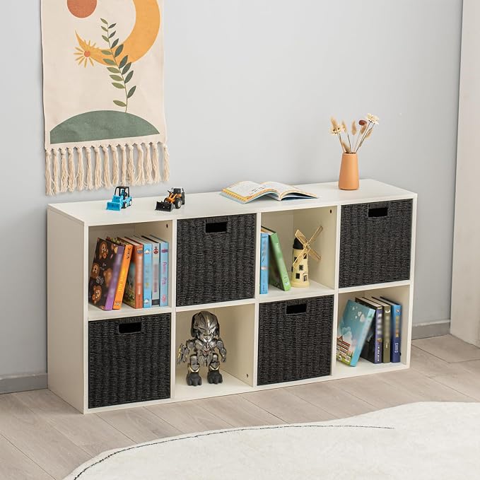 Handwoven Paper Woven Cube Basket Organizer with Handles set of 4 Foldable Storage baskets for Bedroom Living Room Cubby Storage Units for Clothes Books Toys (Black, 13" L x 13" W x 13" H) - Image 5