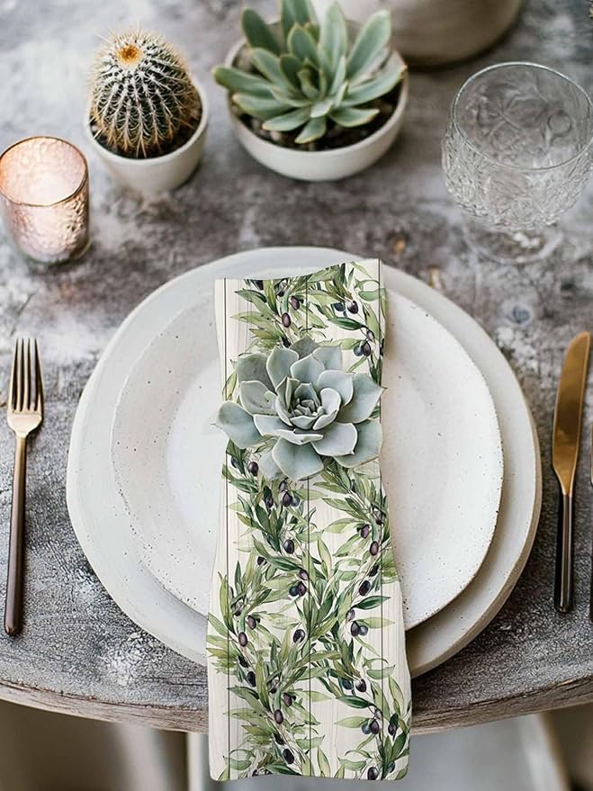 Kitchen Dinner Napkins Set of 8, Vintage Olive Leaf Cloth Napkins Reusable Washable Table Napkins for Weddings Cocktail Parties Holiday Table Decor 20x20 Inch Farmhouse Wooden Grain - Image 4