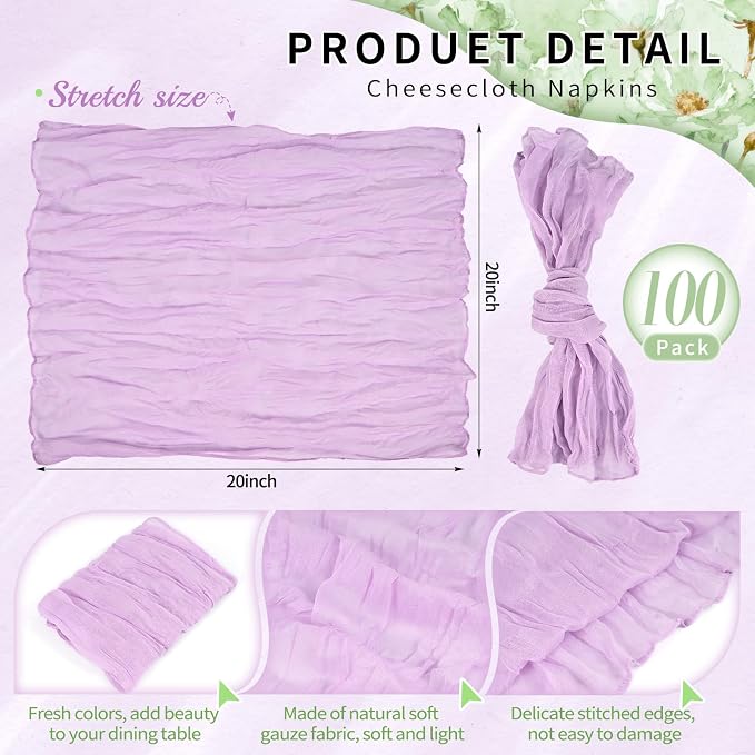 100 Pack Lilac Purple Cheesecloth Napkins 20"x20" Boho Washable Cloth Napkins Set of 100 Wrinkled Cheese Cloth Napkins Gauze Dinner Table Napkin for Wedding Party Baby Shower Birthday Decor - Image 2