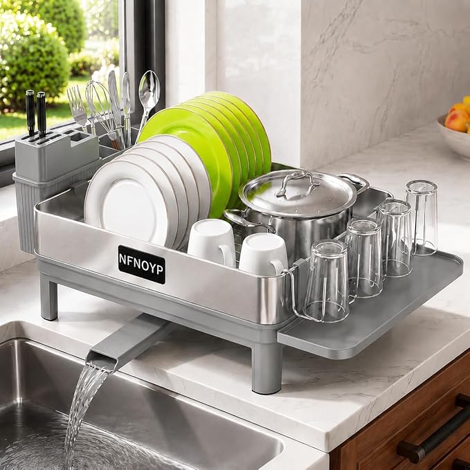 Dish Drying Rack, 304 Stainless Steel Dish Rack and Drainboard Set, Rustproof Dish Drainer with Anti-Pooling Automatic Drainage, Large Capacity Kitchen Counter Organizer, Grey by Nfnoyp