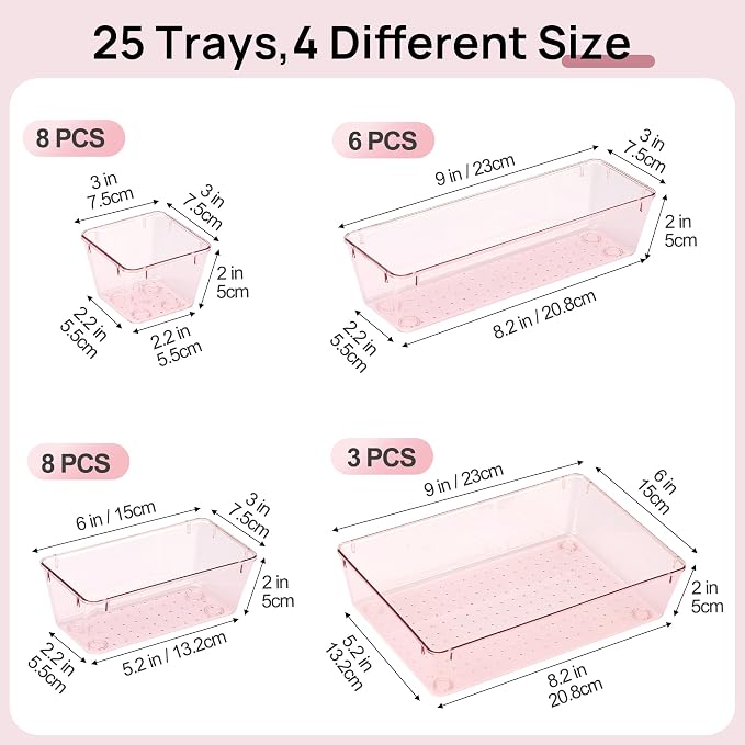 Vtopmart 25 Pack Plastic Drawer Organizers with Non-slip Rubber Pads | 4-Size Versatile Makeup Organizer, Storage Containers Small Bins for Makeup, Jewelries, Bedroom, Kitchen Utensils and Office - Image 2