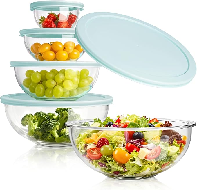 WhiteRhino Glass Mixing Bowl with Lids Set of 5, 0.2, 0.5, 1.1, 2.1, 3.75 QT, Large Salad Bowls with BPA-Free Lids, Space-Saving Nesting Bowls for Kitchen Food Storage, Glass bowl for Cooking, Baking by WhiteRhino