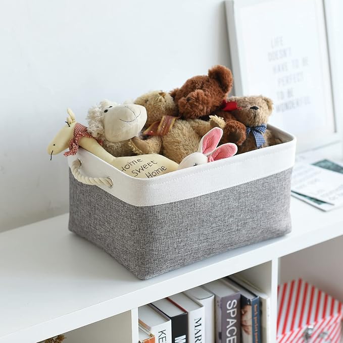 Organization and Storage Basket for Organizing- 16x12x8 inch 1 Pack Fabric Storage Cubes, Collapsible Storage Bins for Shelves Organizer Gift Closet Cloth Toy (White & Grey) - Image 2