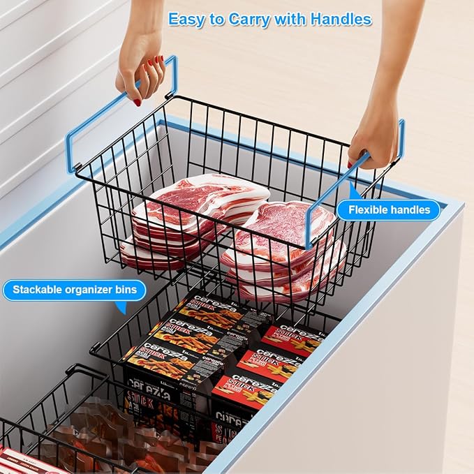 Stacking Freezer Organizer Bin Large Capacity Chest Freezer Baskets | Easy Get and Sort Deep Freezer Baskets for Frozen Meats Food Storage Containers, 4Pcs - Image 3