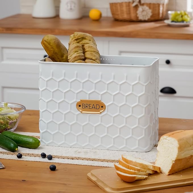 Extra Large Honeycomb Embossed Bread Box with Bamboo Lid | Corner Breadbox for Homemade Bread, White Metal Bread Storage Container Bin for Kitchen Countertop, Fits 2 Loaves of Bread - Image 4