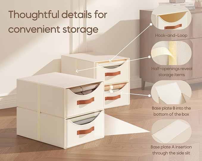 Stackable Storage Drawers - Large Collapsible Storage Bins with Drawers, 4 Pack Closet Shelf Organizer Basket, Fabric Pull Out Organizer for Bedroom, Living Room, Dorm, Light Beige - Image 7