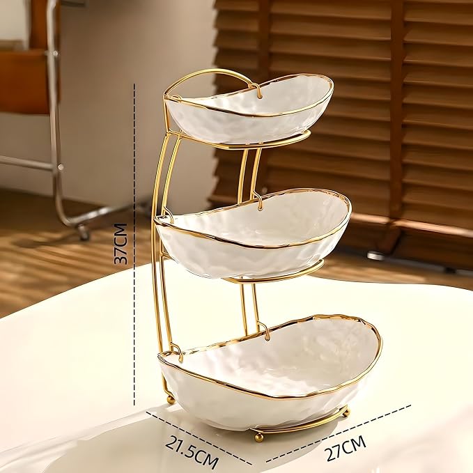 XUDREZ 2 Tier/ 3 Tier Fruit Bowl with Metal Stand for Kitchen Counter, Ceramic Gold Silver White, Portable Tiered Fruit Basket Fruit Rack for Nuts, Snacks, Bread, Candy Storage (White A, 3 Tier) - Image 2