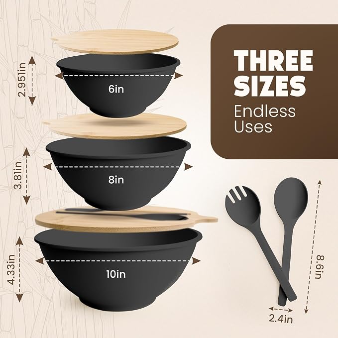 Bamboo Eco Salad Bowl Set - Set of 3 Salad Bowls Large with Seal Lid & Serving Utensils - Bamboo Fiber Bowl Set Perfect for Mixing, Serving, and Storage - Midnight Black - Image 2