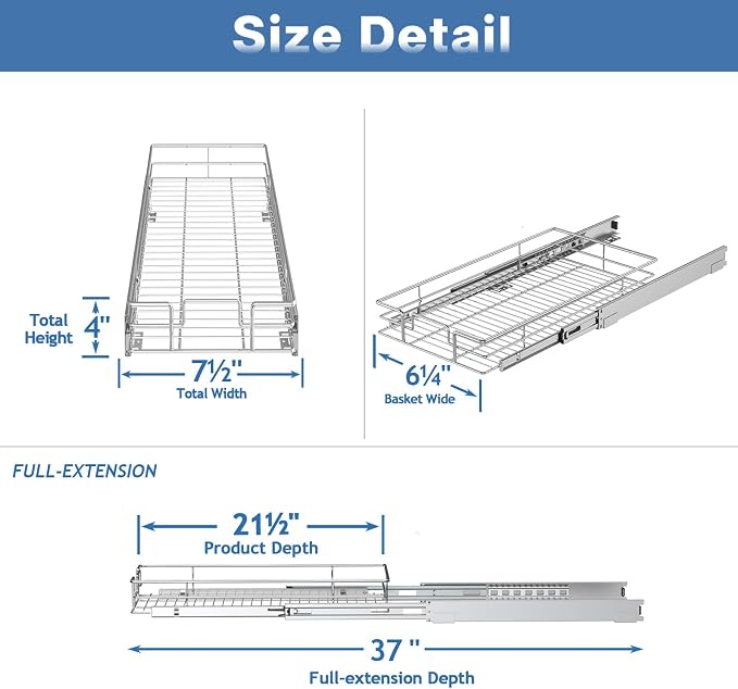 ROOMTEC Pull Out Cabinet Organizer, Cabinet Pull Out Shelves 7½" W x 21½" D, Heavy Duty Cabinet Drawers Slide Out Kitchen Cabinet Organizers Storage Shelf - Image 3