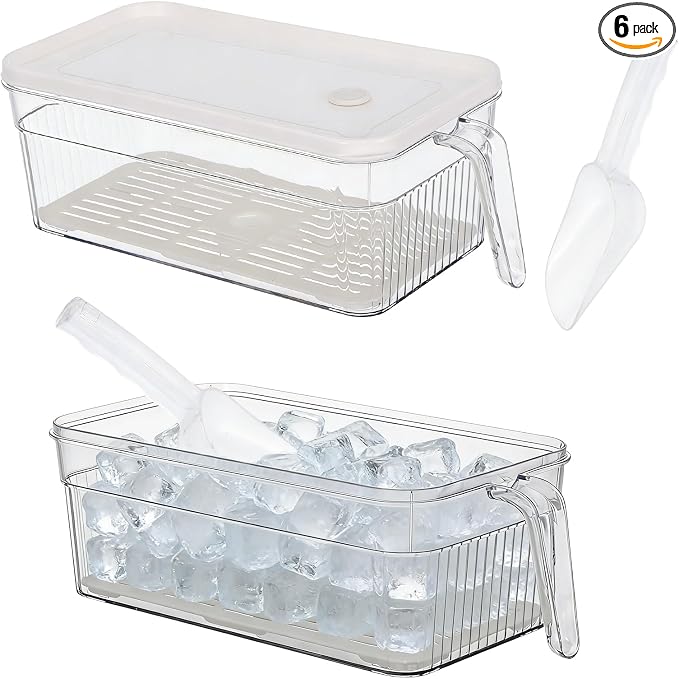 CIEOVO 2 Set Ice Bin for Freezer with Lid and 2 Scoop Set Plastic Freezer Ice Bin with Pull-Out Handle Clear Storage Bucket Kitchen Food Storage Organizer for Home Office Fridge Kitchen by CIEOVO