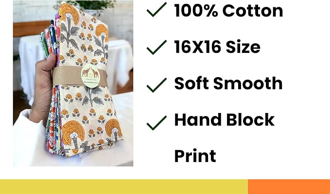 Mango Gifts 24-Piece Hand Block Print Cotton Cloth Napkins, 16 x 16 Inch, 100% Cotton Reusable Dinner Napkins, Assorted Floral Prints, Washable Table Napkins for Kitchen, Dining & Parties - Image 3