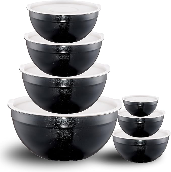 Black Mixing Bowls with Lids Set of 7, Stainless Steel Nesting Bowl with Khaki Lid for Non-slip Mixing Prepping Storing Serving, 7 Sizes-7/3.6/2.7/2.1/1.5/1/0.8 QT by LKTDYMEG