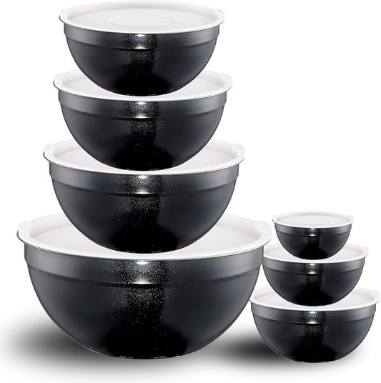 Black Mixing Bowls with Lids Set of 7, Stainless Steel Nesting Bowl with Khaki Lid for Non-slip Mixing Prepping Storing Serving, 7 Sizes-7/3.6/2.7/2.1/1.5/1/0.8 QT by LKTDYMEG