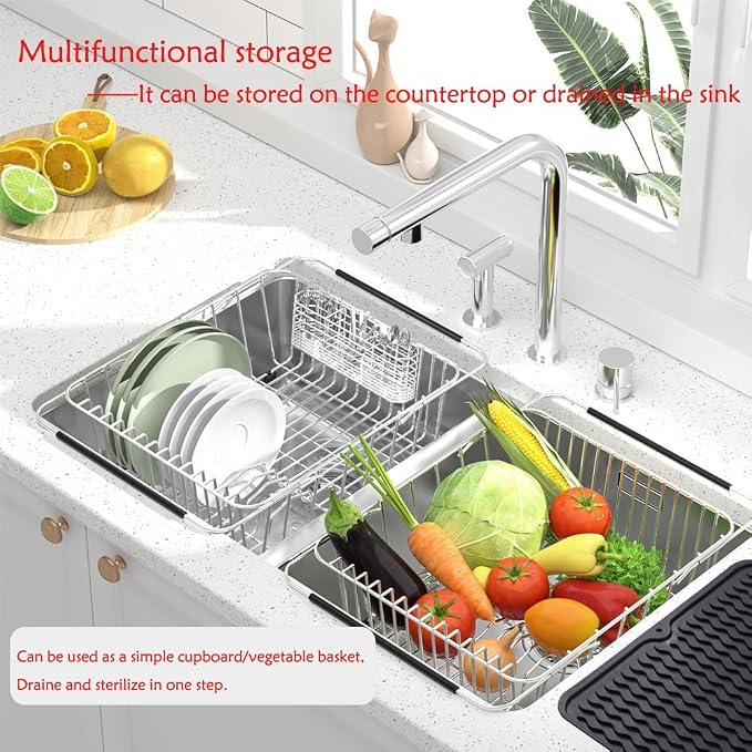 NiuYichee Stainless Steel Dish Drying Rack(14.2"L x 9.5"W x 4.1"H), Expandable Fruit & Vegetable Drain Rack over Sink, Dish Drainer Rack in Sink, with Stainless Steel Utensil Holder & 16" Silicone Mat - Image 8