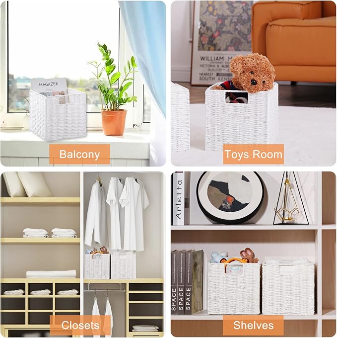 Wicker Storage Basket, Set of 2 Hand-Woven Storage Baskets for Organizing, White Foldable Cube Storage Bins Organizer, 9 x 9 Inch Square Wicker Storage Baskets for Shelves Pantry Decor - Image 5