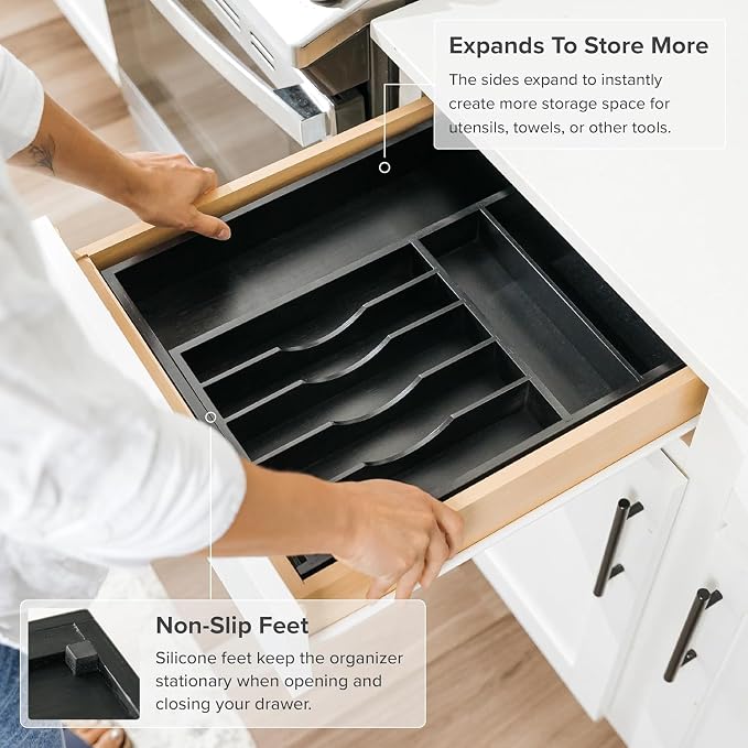 Silverware & Utensil Drawer Organizer, 10.5-19 in, Black Bamboo | Cutlery, flatware, food-safe contract grade, kitchen drawer fit - Image 6
