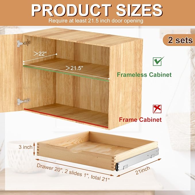 2 Set Wooden Pull out Cabinet Organizer Fully Assembled Slide out Pantry Drawer with Gentle Close Storage Shelf Tray for Base Kitchen Under Sink Bathroom Accessory(Wood Color,21'' X 21'' X 3'') - Image 7