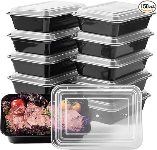 FULIGN 24 oz Meal Prep Containers With Lids Reusable 150 Pack Extra-thick Plastic Food Storage Black Disposable To Go Lunch Box BPA Free Stackable Microwave Dishwasher Freezer Safe by FULING