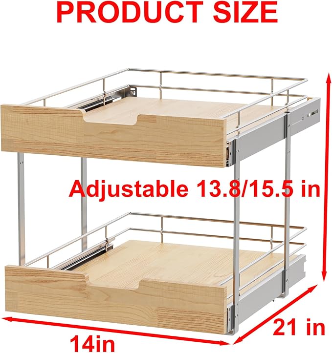 Sikarou Pull Out Cabinet Organizer,Heavy-Duty Slide Out Shelf, Wood and Wire Basket, Pull Out Drawer for for Kitchen Under Sink Space, Pantry, Bathroom, 2 Tie 14 * 21 in - Image 2