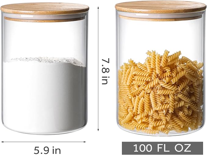 2 Sets 3000 ML/100 FL OZ Clear Glass Storage Canister Holder with Airtight Bamboo Lid, Extra Large Container Jar for Flour Sugar Coffee Loose Tea Rice Cookie Cereal Pasta Spaghetti Protein Powder - Image 2