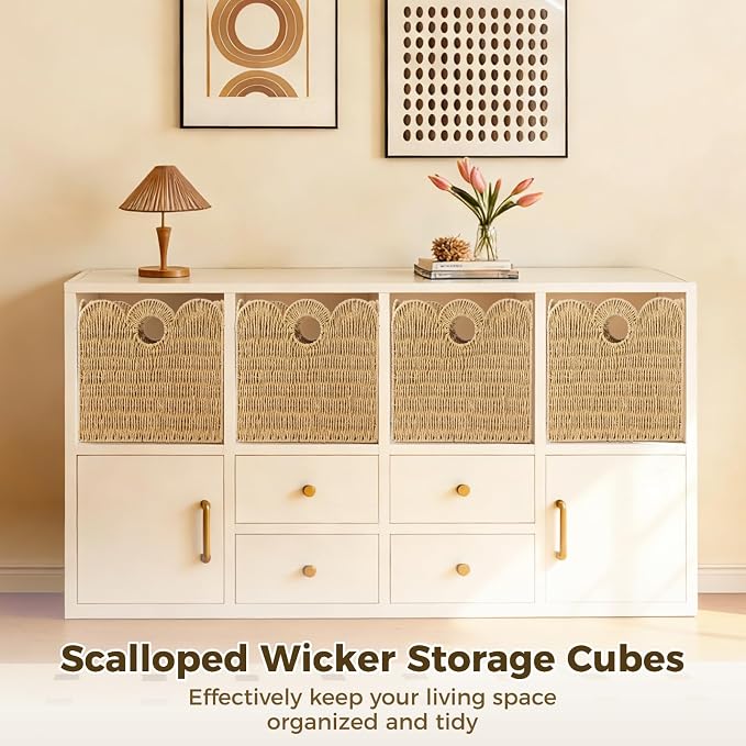 4 Pcs 12x12 Scalloped Wicker Storage Cubes - Woven Paper Rope Storage Baskets, Foldable Square Bins with Handles, Collapsible Containers for Shelves, Closets, 11.8×11.8×11.8" - Image 3