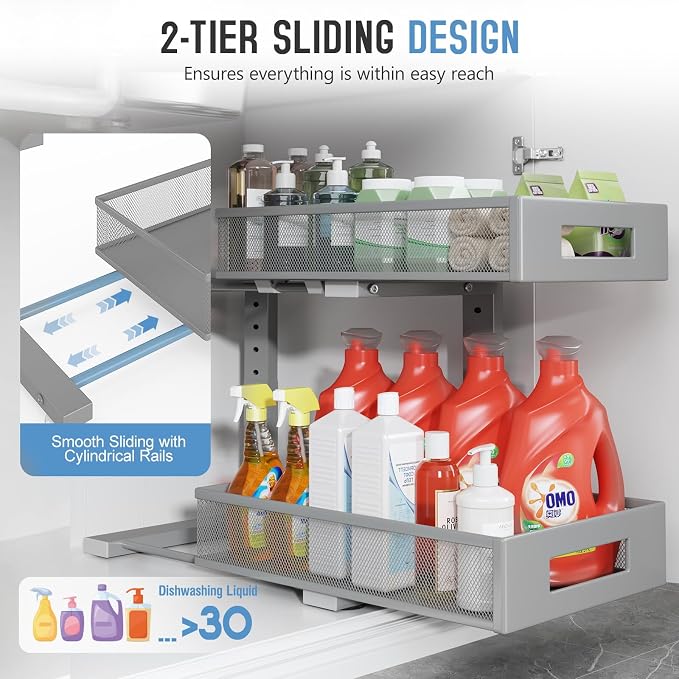 2-Pack Under Sink Organizers And Storage,Large Capacity 2-Tier Pull-Out Cabinet Organizer With Upgraded Tube Rails,Adjustable Height Sliding Drawers,Sturdy Mesh Shelves For Kitchen&Bathroom-Grey - Image 4