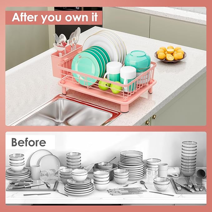 Dish Drying Rack, Stainless Steel-Dish Rack, Dish Racks for Kitchen Counter, Kitchen Dish Drainers with Removable Utensil Holder,New Drain Outlet,Plate Rack and Drainboard,(Pink-11 W x 15" L) - Image 5