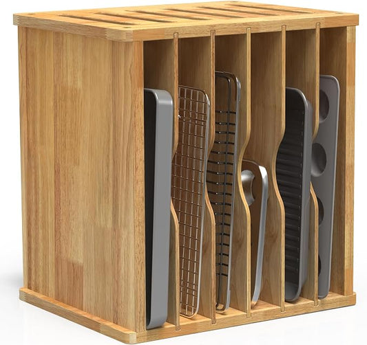 7 Tier Rubber Wooden Tray Dividers for Cabinets, Cookie Sheet Organizer | Heavy Weight, Premium Wood, Multiple Sizes, Saving Space, Vertical Tray Dividers for Storing pans, Baking tray, Cutting Board by sandpaint
