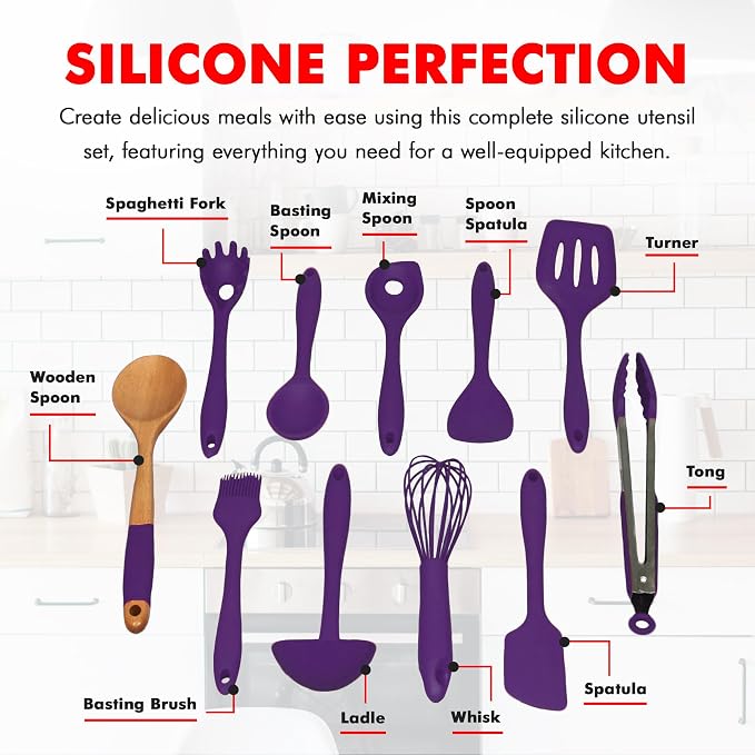 Chef Craft Premium Silicone Kitchen Tool and Utensil Set, 11 Piece, Purple - Image 4