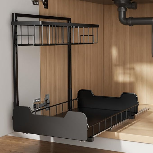 Under Sink Organizer, 2-Tier L-Shaped Pull Out Cabinet Shelf with 2 Installation Methods, Adjustable Sliding Storage Drawer for Kitchen, Bathroom, Laundry, Metal, Black by Unknown