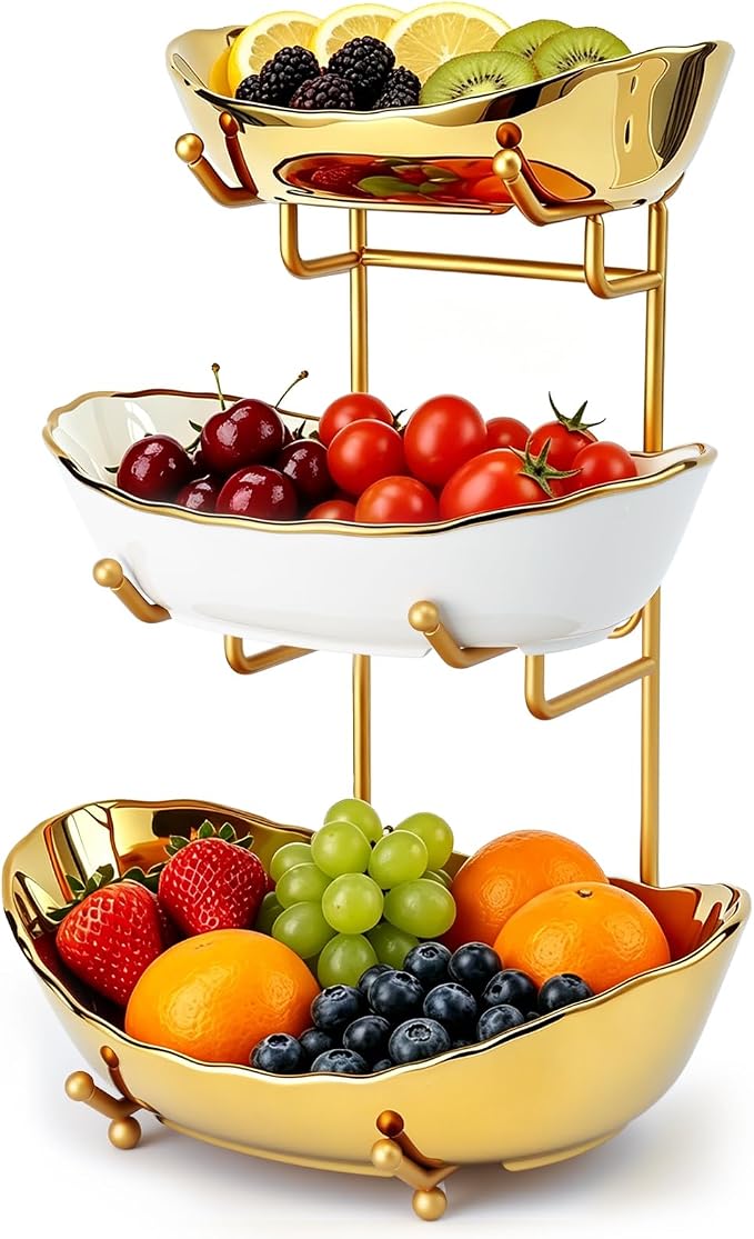 Ceramic Fruit Bowl for Kitchen Counter - 3 Tier Fruit Basket with Metal Stand, Tiered Fruit Stand for Countertop, Snack, Nuts, Cake, Dessert, Small & Cute (Gold & White,Small) 2 by MakeYourHomeCozier%EF%BC%81