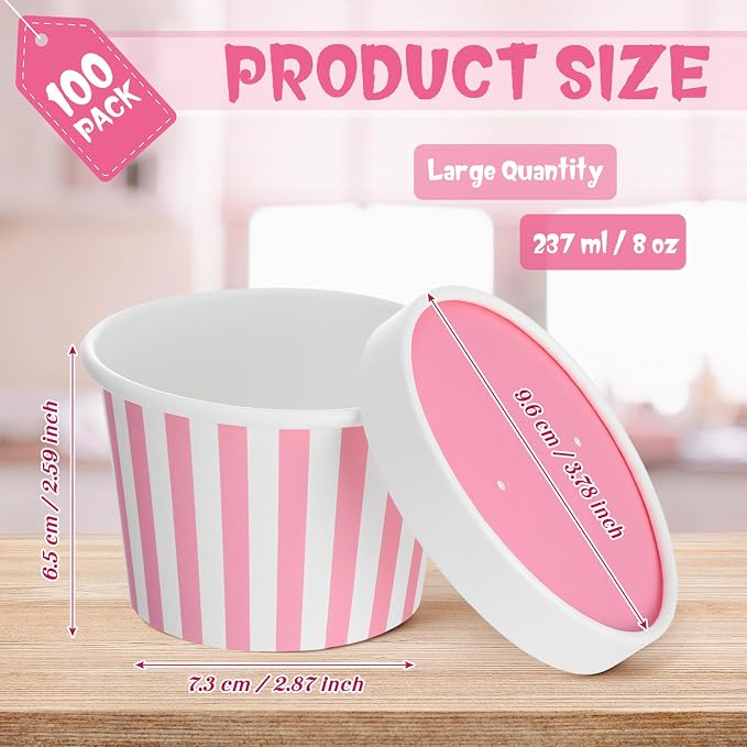 Fulmoon 100 Pack Paper Soup Containers with Lids Disposable Paper Food Containers with Vented Lid Kraft Ice Cream Cake Dessert Cups Soup Bowl for Party Hot Food Fruit Microwave(8 oz,Pink) - Image 3